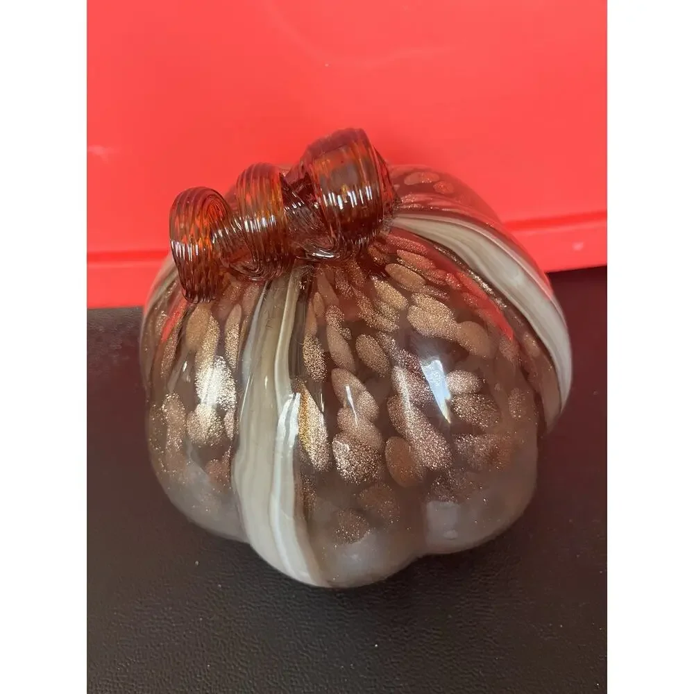 Art Glass Pumpkin Hand Blown Brown Striped Swirl Gold Stem Autumn Harvest 5
